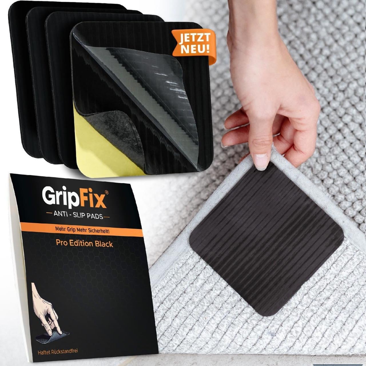 GripFix® Teppich Antirutschunterlage – STARKER Halt OHNE RÜCKSTÄNDE – MEHR Sicherheit IM Alltag – Waschbare & Wiederverwendbare Pads (4 Set, Schwarz)