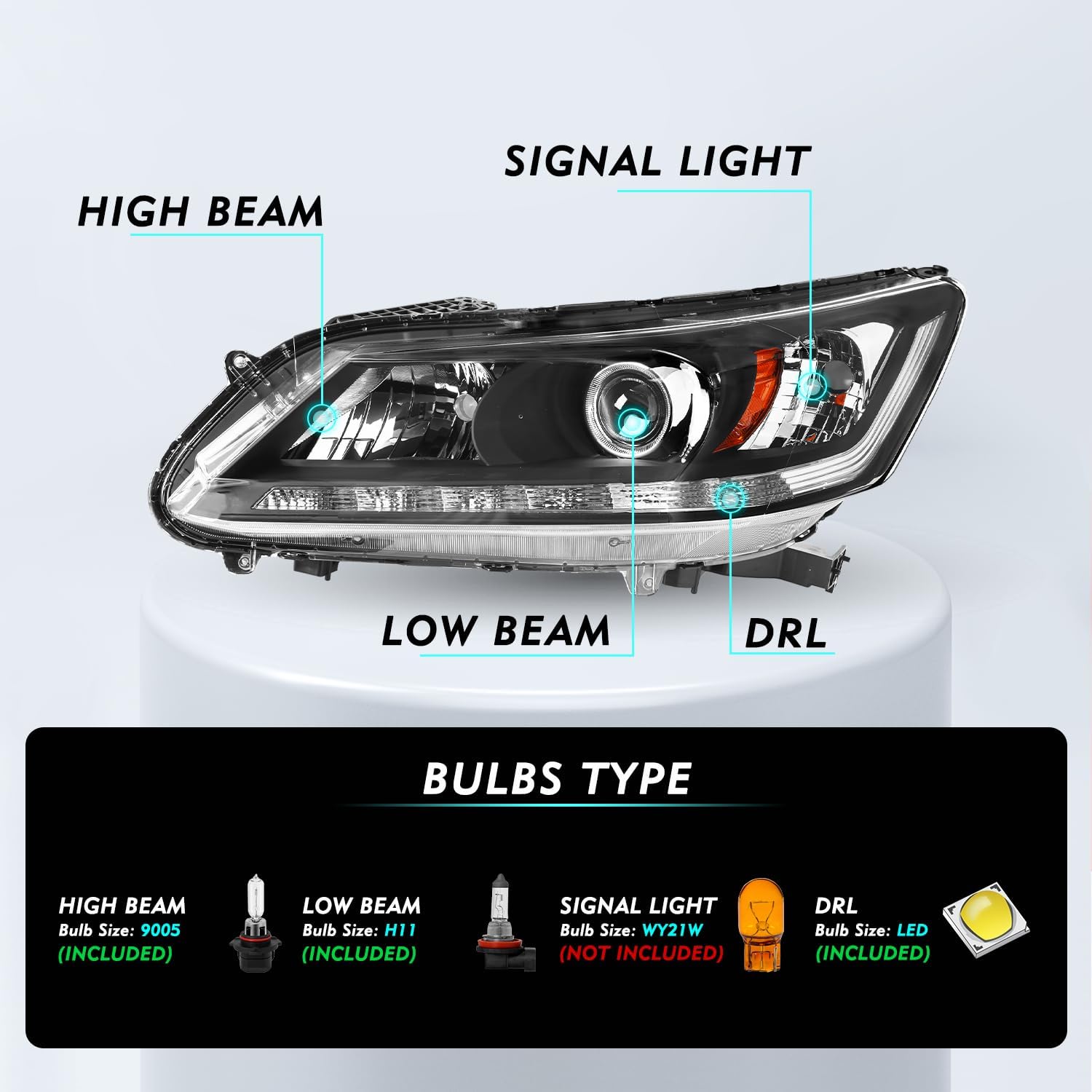 Headlights Assembly for 2013 2014 2015 Honda Accord Sedan 4-door OE Style Halogan Headlamps with LED DRL Driver & Passenger Side Bulbs Included