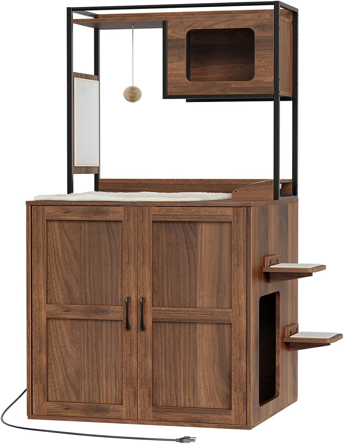 HOOBRO Cat Automatic Litter Box Enclosure Furniture, 30.5" L x 26.8" W x 61" H, Hidden Robotic Litter Box Cabinet, Dog-Proof Shelf with Charging Station, Scratching Mat, Bowls, Walnut WL68UMZ03N1