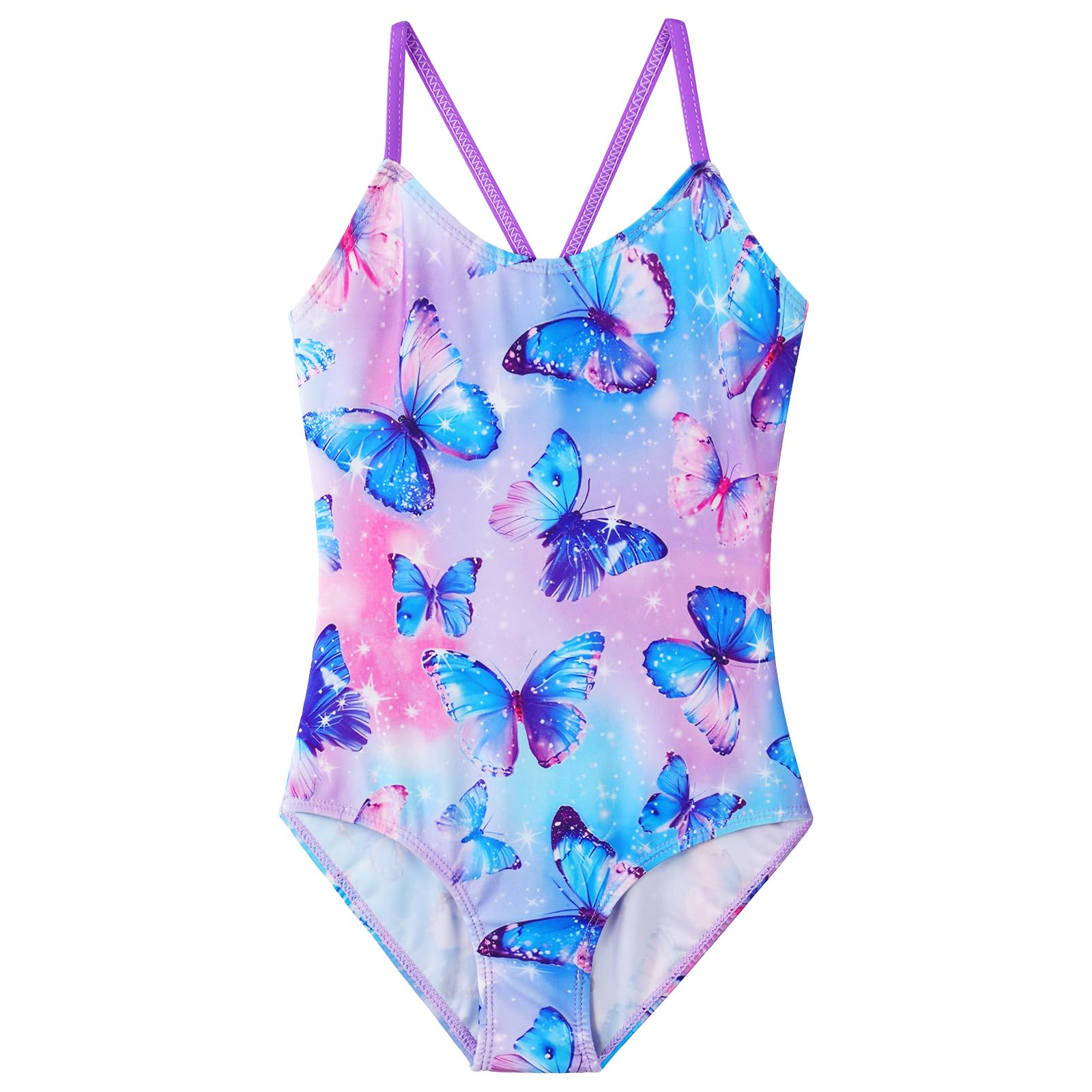 ZNYUNE Mädchen Einteiler Badeanzug Schnelltrocknend UV Schutz Schwimmanzug S515 PurpleButterfly 128/134