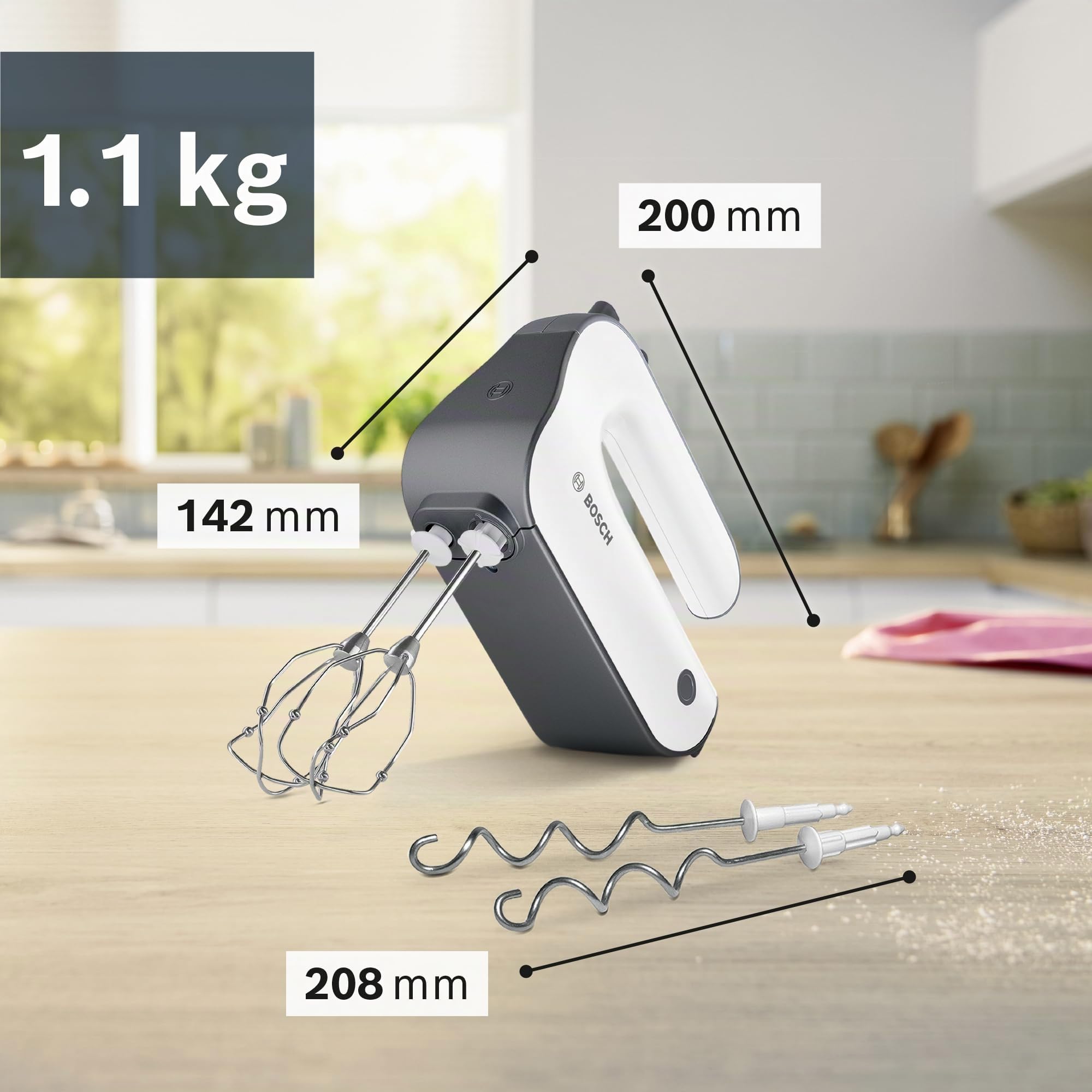 Bosch - Batidora de repostería, 5 niveles, 2 varillas de acero inox gancho para amasar 850 W, color blanco/plateado oscuro, MFQ49300