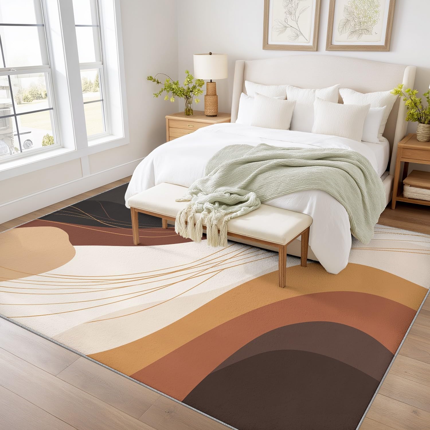 Générique Tapis Lavable Machine Salon 120 x 160 cm Tapis Abstrait Bohème Poil Bas Doux Antidérapant Chaleureux Motif Ondulé Courbe Bloc Couleur Chambre Cuisine Entrée Salle Détente Décoration Maison