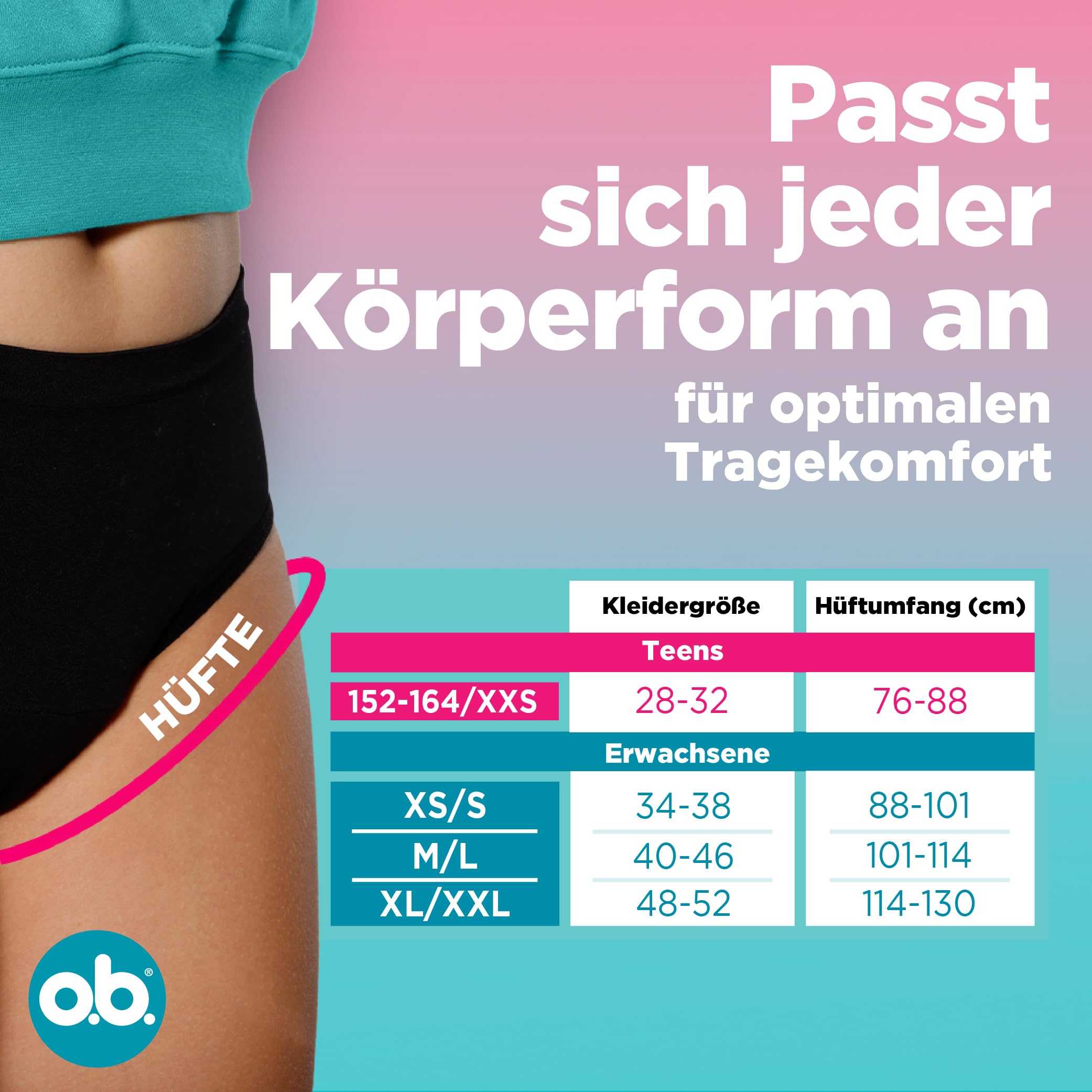 o.b. Teens Periodenslip, 3 Stk | Wiederverwendbare Periodenunterwäsche, speziell für Teens entwickelt, bietet Schutz für eine starke Periode, Größe 152-164