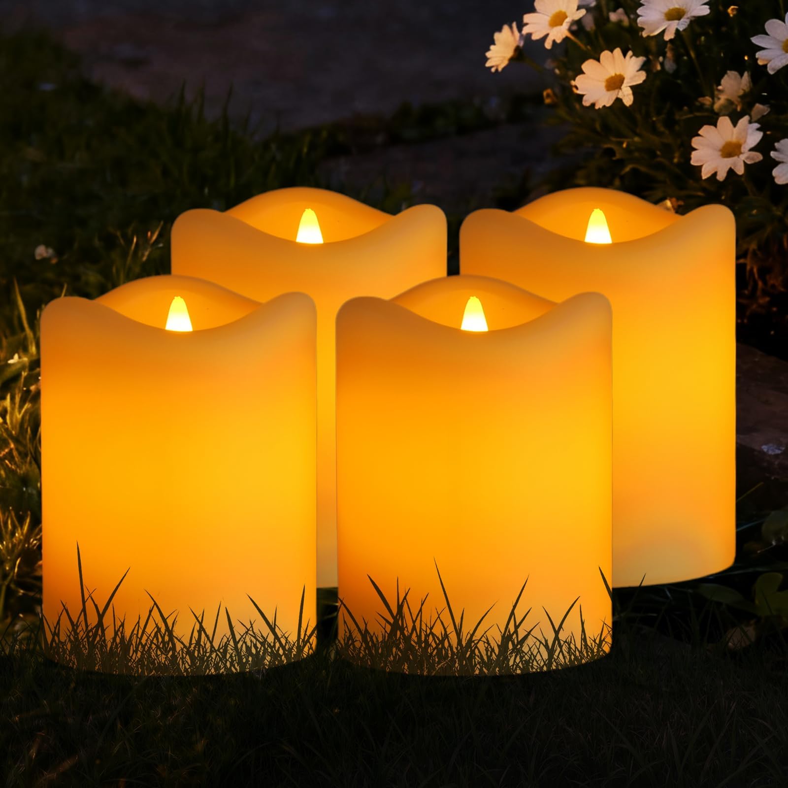 4 Pack Solar LED Flameless Candle Lights, Outdoor IP65 Waterproof Flickering Glow, Wedding Party Table Centerpiece Patio Decor, Dusk to Dawn with Rechargeable Ni-MH Battery