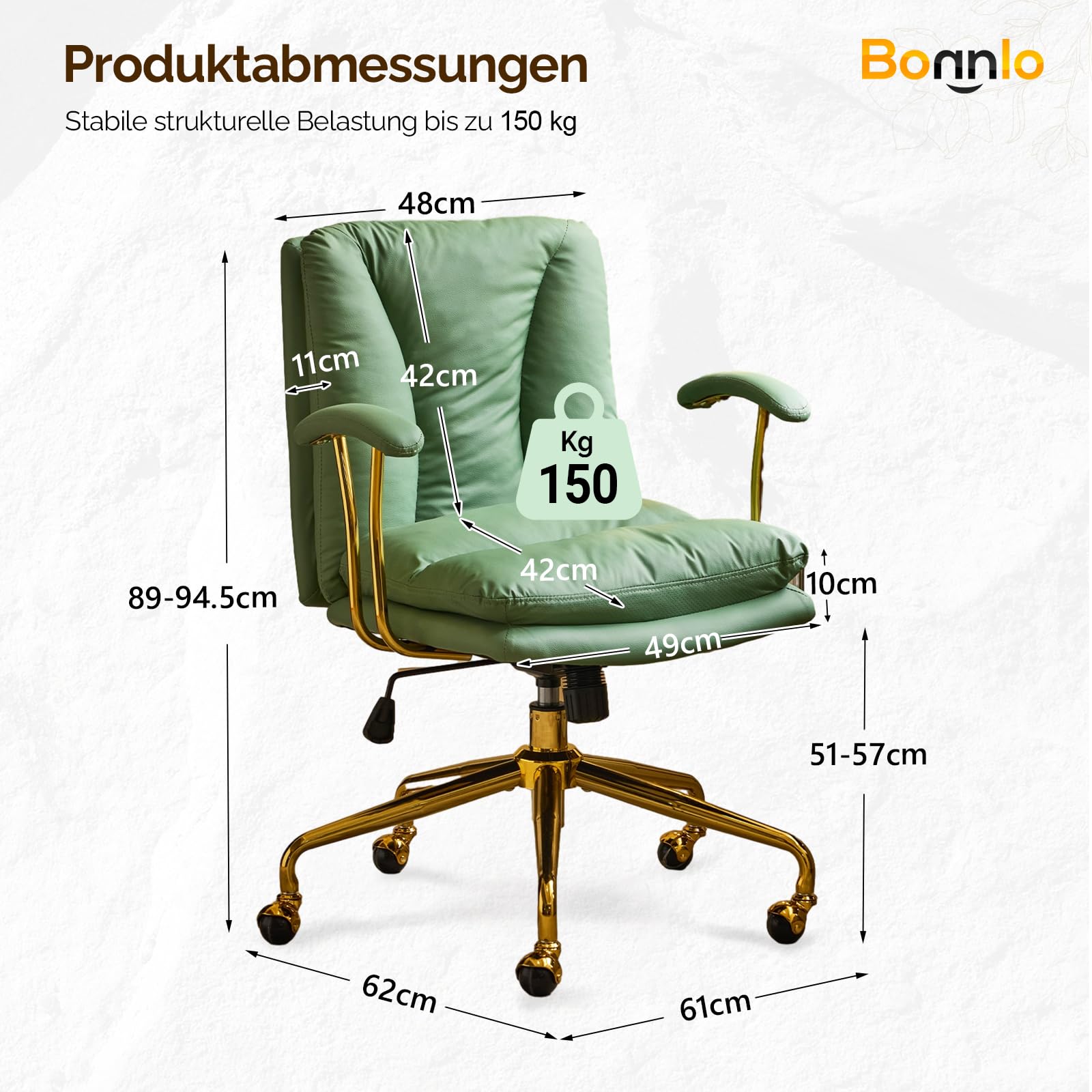 Bonnlo Bürostuhl Ergonomisch, Schreibtischstuhl mit Goldenen Armlehnen, Chefsessel, Drehstuhl mit Rollen, Höhenverstellbar & Kippfunktion, Homeoffice (Kratzfestes Leder, Grün)