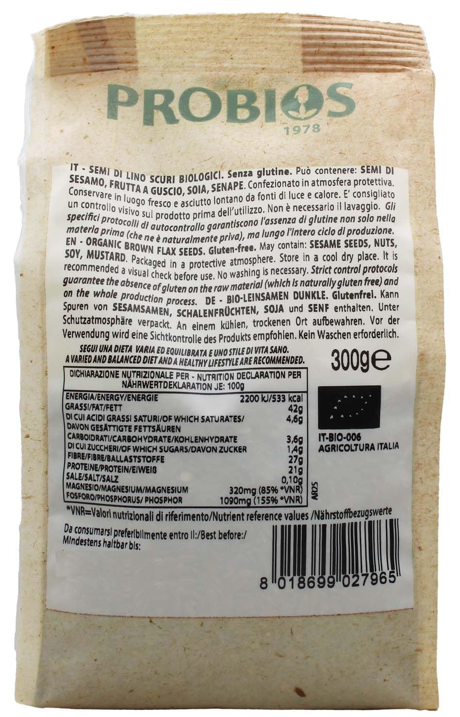 Probios Golden Semi di Lino Bio - Semi di Lino Bio Senza Glutine - Ricco di Minerali e Fibre - Confezione da 6 x 300 g