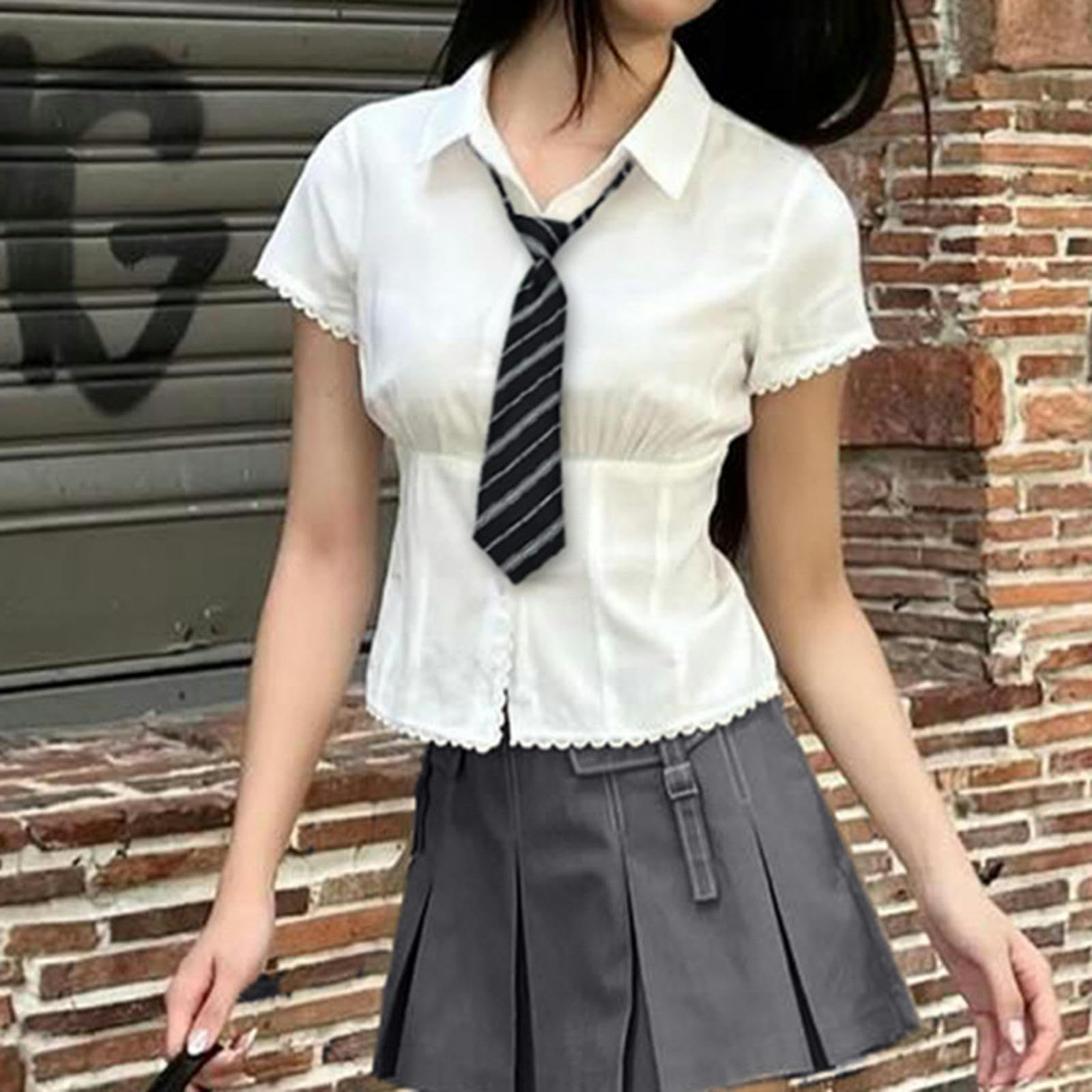 Camisa de Manga Corta con Botones y Solapa de Encaje para niñas, Top Corto versátil y Dulce Que Reduce la Edad - Blanco (Incluye Corbata) - L