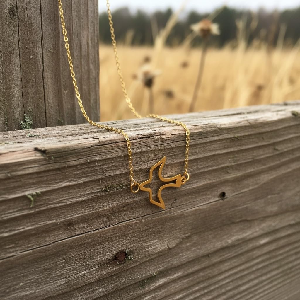 18K Yellow Gold Plated Dainty Gold Bird Choker Necklace, 18 Karat Gold Plated over Stainless Steel Flying Dove Pendant Chain, Minimalist Fashion Jewelry for Women, Tarnish Resistant, 13.5-Inch Length with a 2-Inch Extension