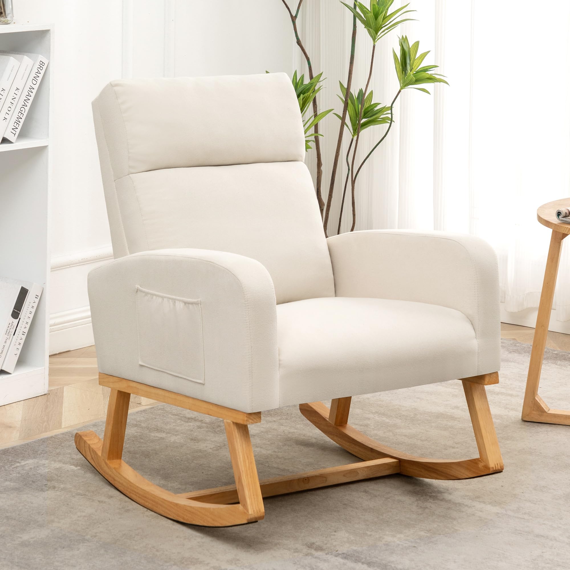 Rocking Chair Nursery, Upholstered Nursing Rocker Chairs with High Backrest, Modern Glider Rocking Chair for Nursery Living Room, Bedroom, White