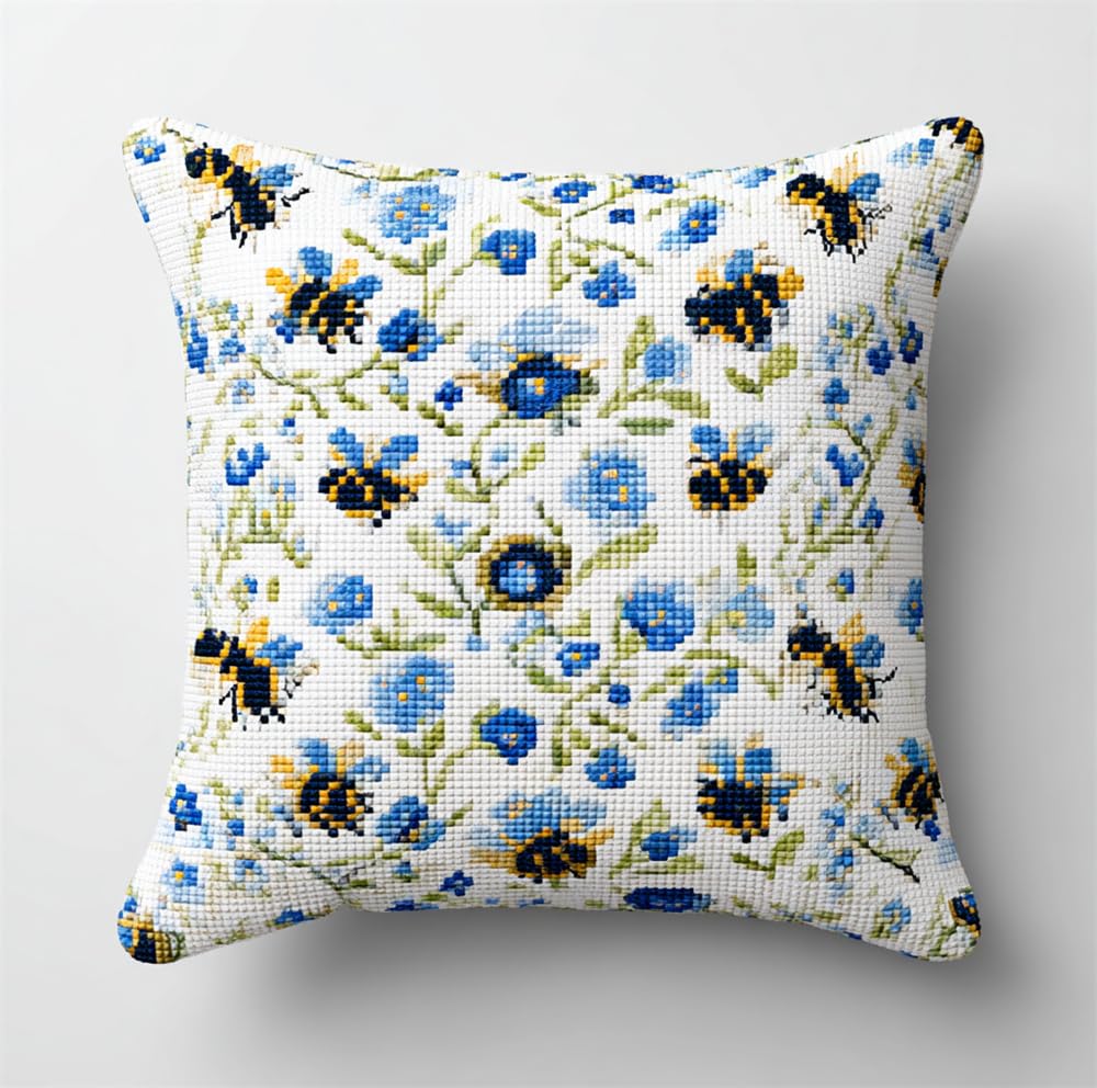 Diy Cross Stitch Pillow Kit Bees And Small Blue Flowers 17.7X17.7In(45X45Cm) Cushion Kit Needlepoint Craft Set Cushion Pre Printed Handmade Needle Pillow Cover Stitched Embroidery Set Beginn