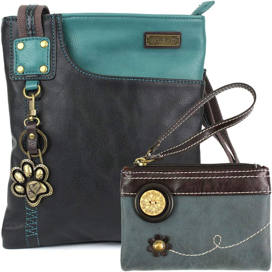 Chala Double Zip Wallet and Swing Crossbody Messenger Bag Bundle(Navy_Paw + Indigo Wallet)