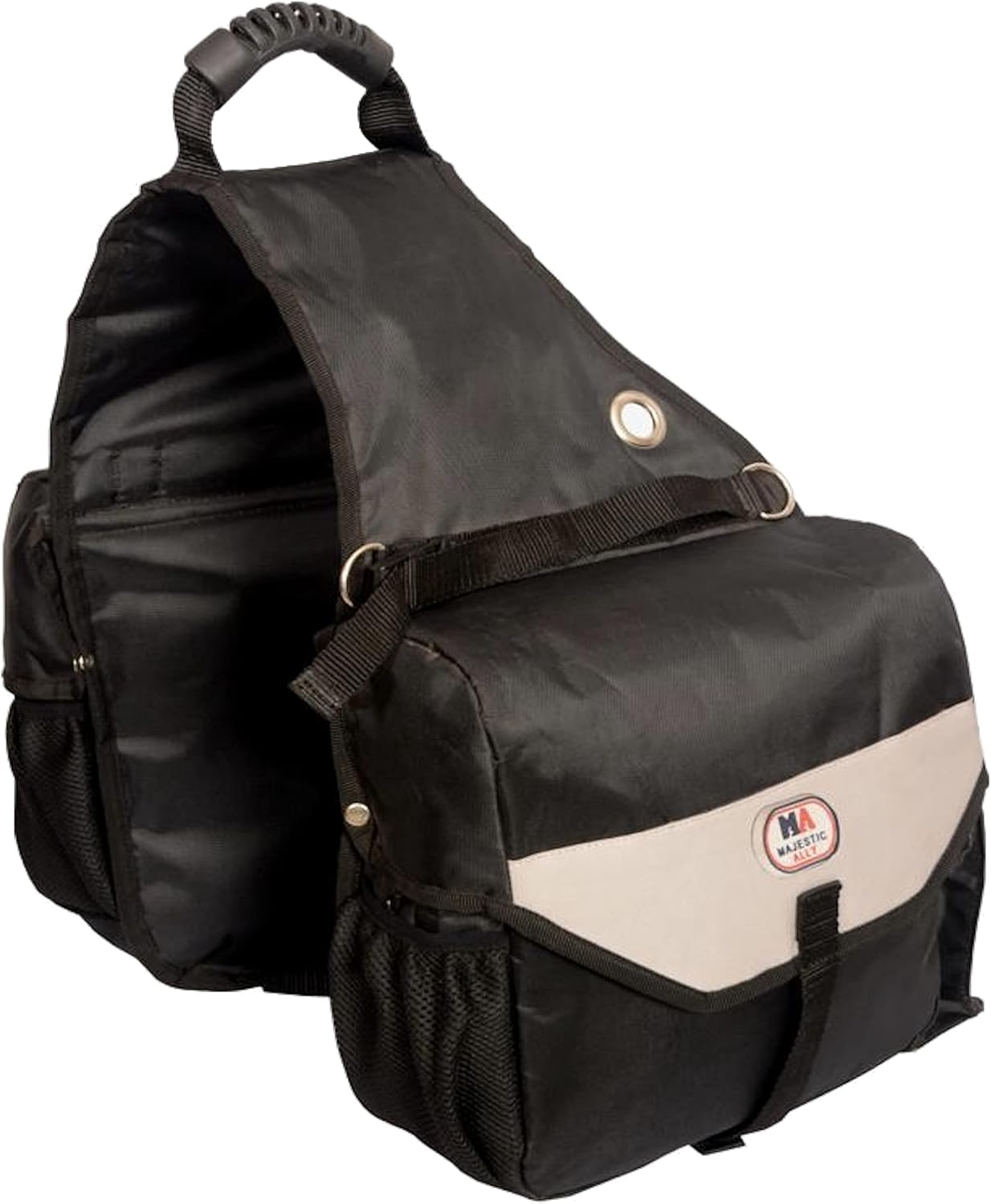 Majestic Ally Saddle Bag for Horses - Nylon Insulated Leakproof Cooler Reflective Padded with Pockets and Water Bottle Carrier Durable Saddle Bag (Black)
