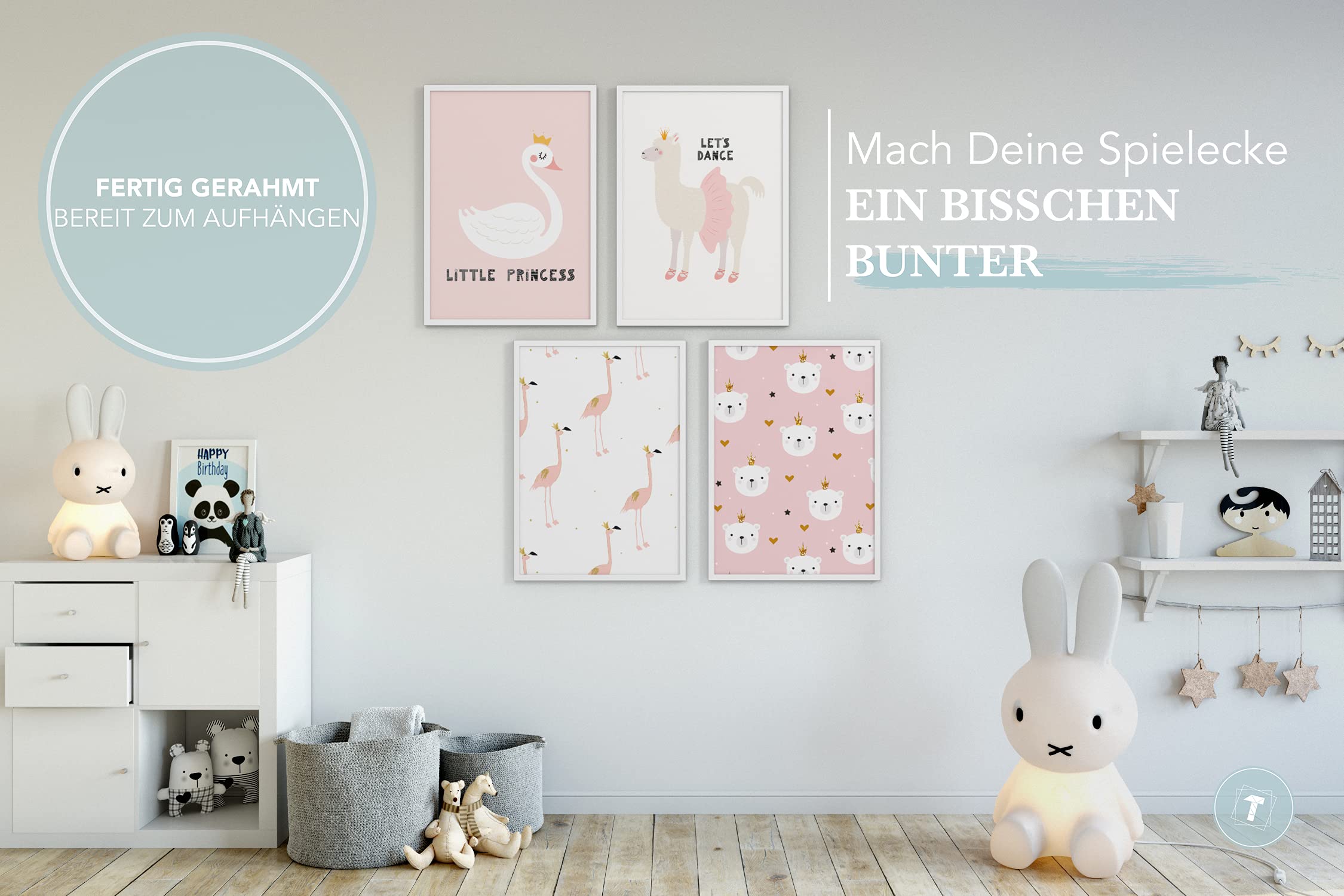 Cuadros para niños, Set de 4, A3 enmarcado en marco de madera (blanco), Regalo para niñas, Láminas decorativas para el cuarto infantil, rosa animales cisne Flamingo Llama, Princess Animals