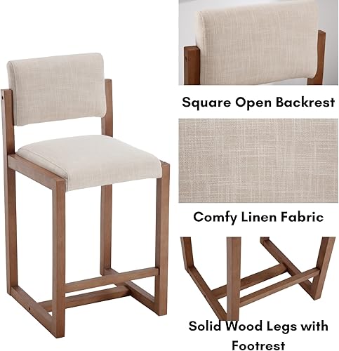 Miniatura 4 de LukeAlon Juego de 2 taburetes de mostrador de lino, tapizados de 26 pulgadas de altura de asiento, taburetes de bar con patas de madera, sillas de