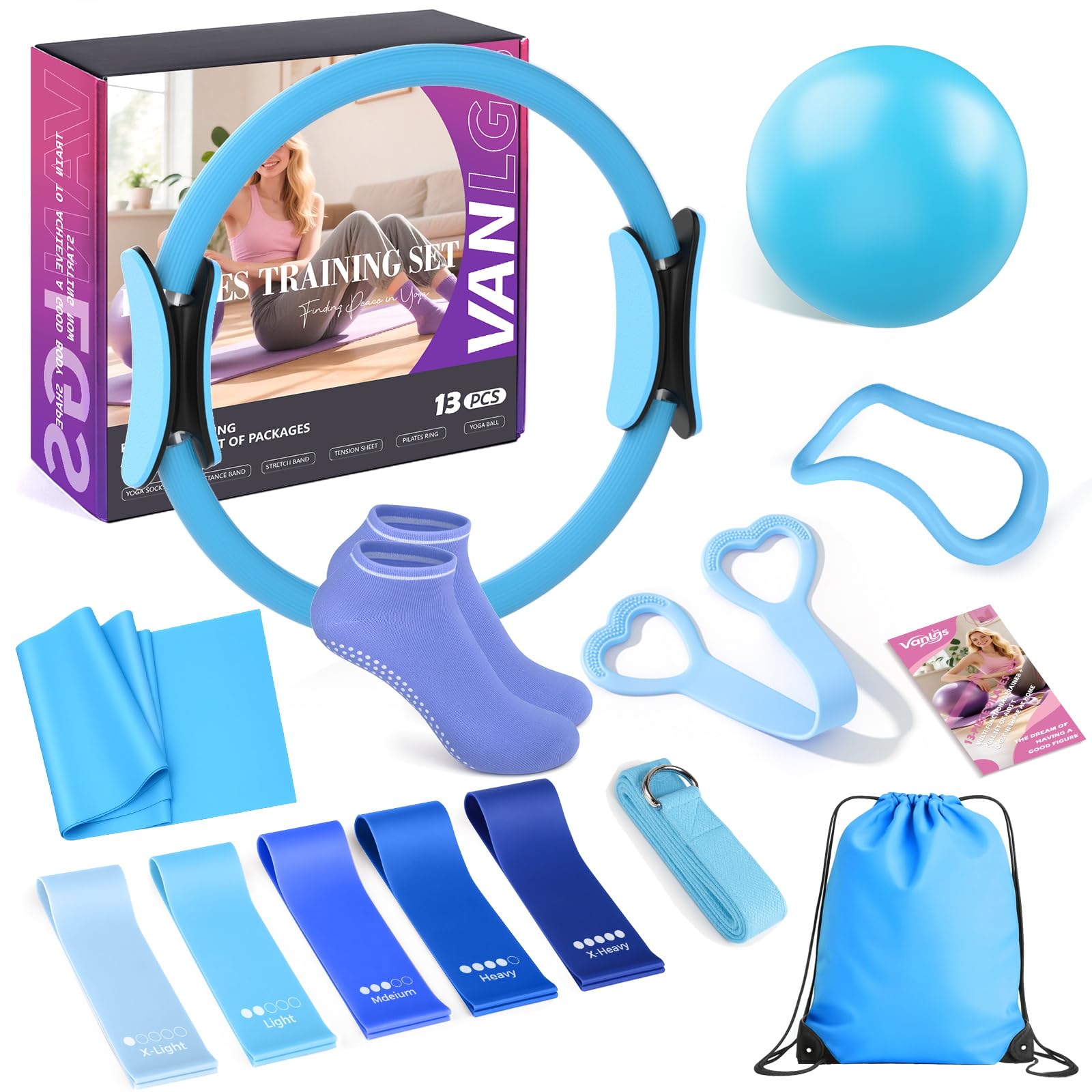 Pilates Kit 13Pcs, Home Pilates Essentials Workout Kit with 13"Ring, 10" Yoga Ball and Multi Resistance Bands, Portable Full Body Fitness Equipment Set for Women Beginners Home Gym Exercise
