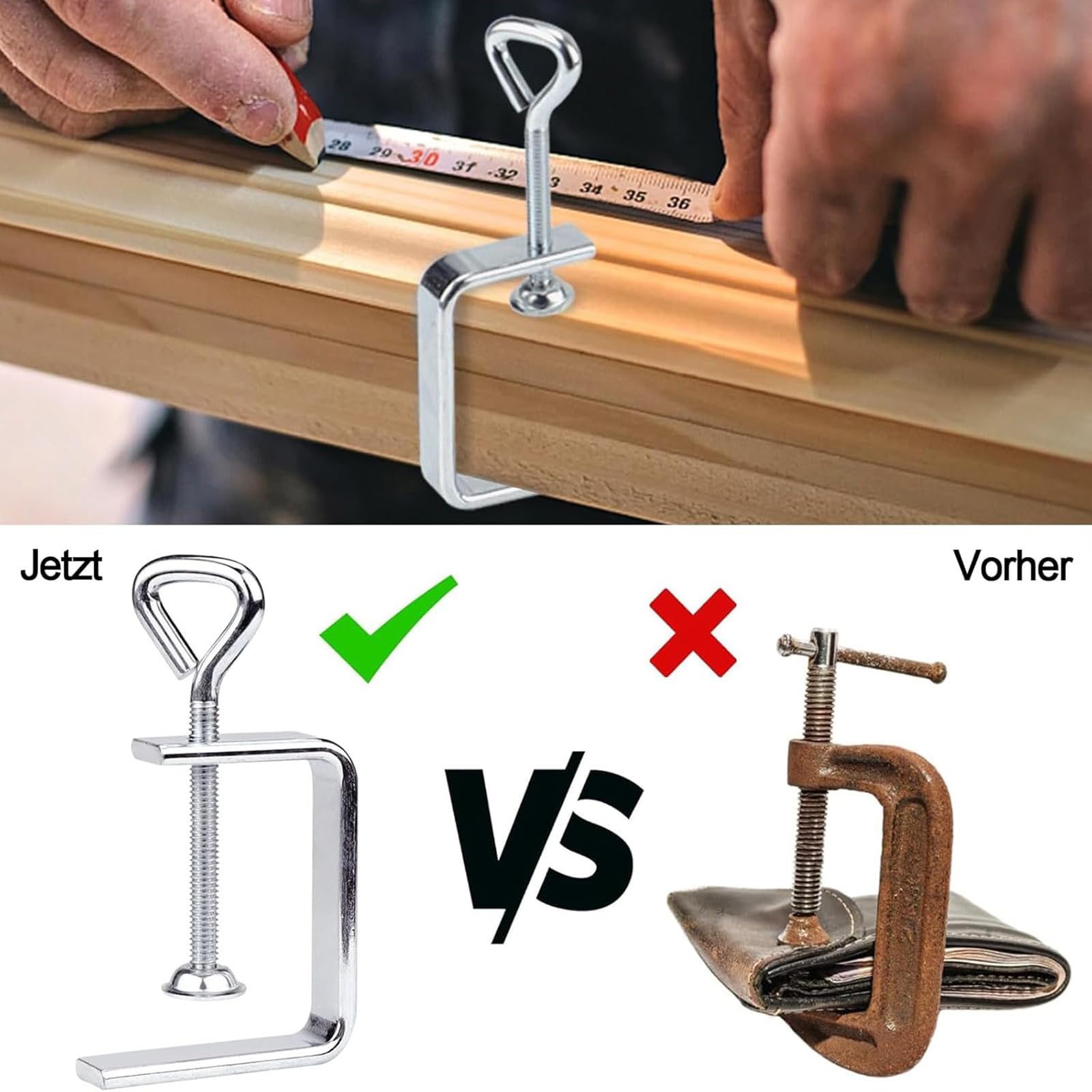 Schroefklem C, 2 stuks C-klem van roestvrij staal, 2 liftringen, C-klem voor houtbewerking, verstelbare breedte, zilveren werkbankklem, pincet