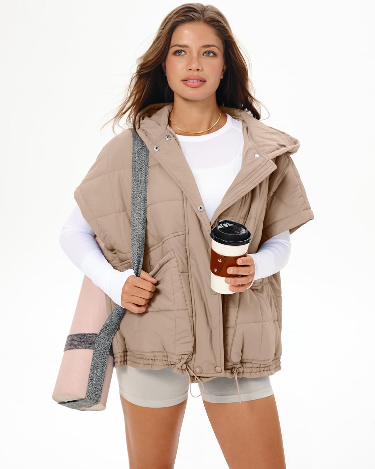 Gacaky Quilted Vest for Women Oversized Stand Collar Cap Sleeve Puffer Jacket Warm Button Zip Up Hoodies Coat Outwear - Image 6