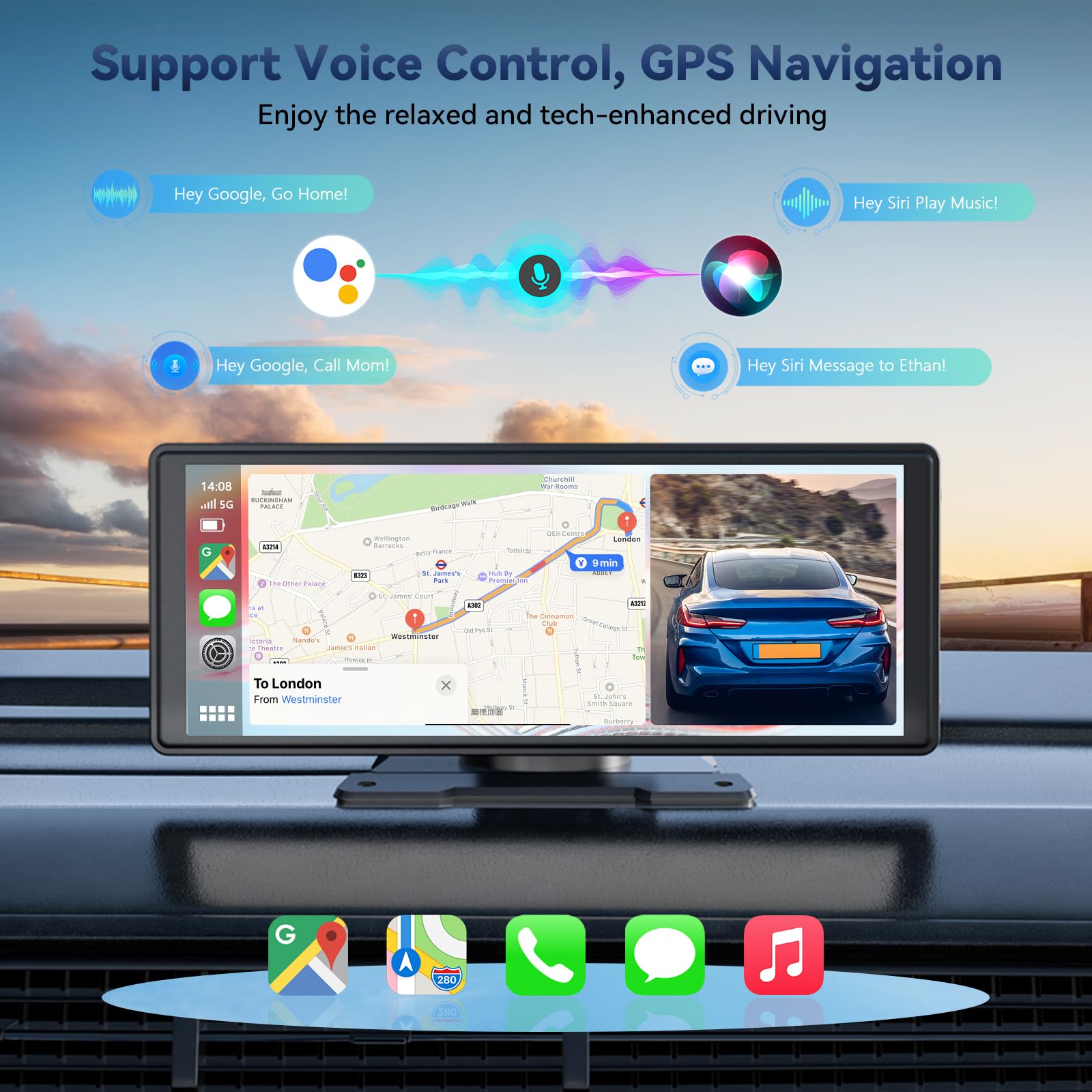 10.26" Pantalla Carplay Coche, Táctil Pantalla con 1080P Cámara Retrovisora para Apple y Android, Soporta Control por 2.4GHz +5GHZ WiFi/Voz Control/FM/Mirror Link/AUX con Navegación GPS/BT