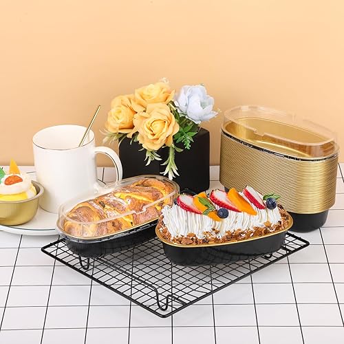Miniatura 7 de Beasea Mini moldes para pan con tapas, 6 pulgadas, paquete de 50 moldes ovalados ovalados para hornear, color negro y dorado, desechables con tapas,