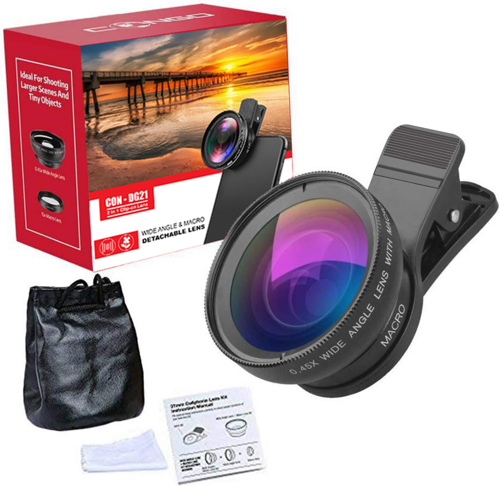 Congo Professional 2-in-1 Cell Phone Clip on Camera Lens Kit (0.45X Super Wide Angle Lens + 12.5X Macro Lens) for iOS & Android Devices Fits Most Universal Smartphones | Phone Lens for Mobile Camera