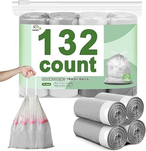 Bolsas de basura pequeñas de 132 unidades, cordón de 4 galones, bolsas de basura blancas para baño, bolsas de basura sin desgarros, forros de