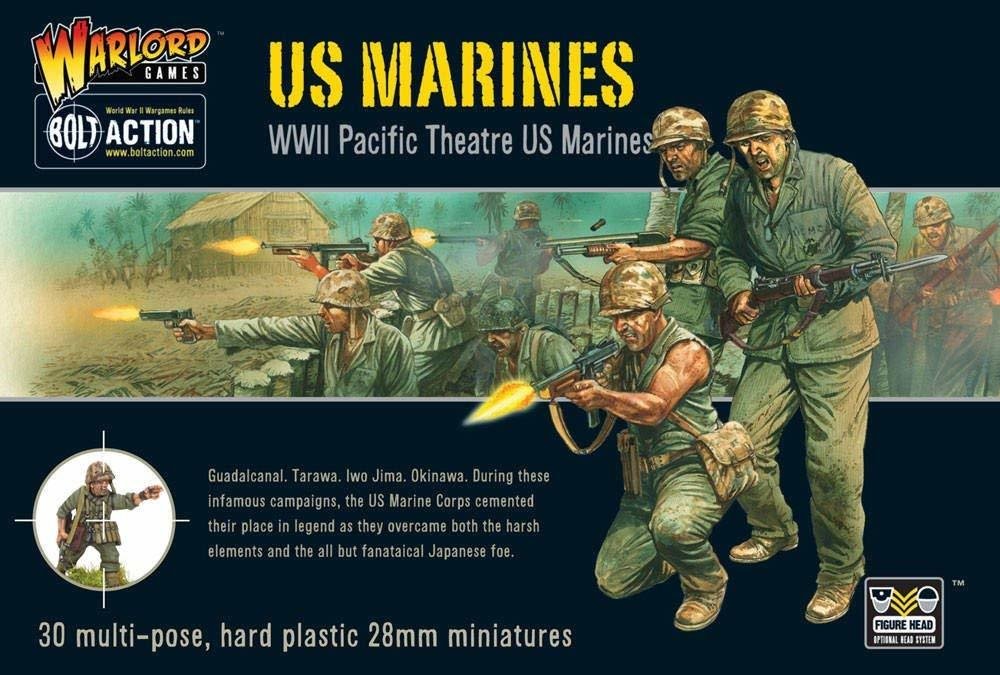 Bolt Action Warlord US Marines Pacific Theater 1:56 Tabletop Miniatures - Plastic Paintable Miniature WWII Soldiers Set, Unpainted Table Top 28mm Military Minifigures for Adults - Gaming Figurines