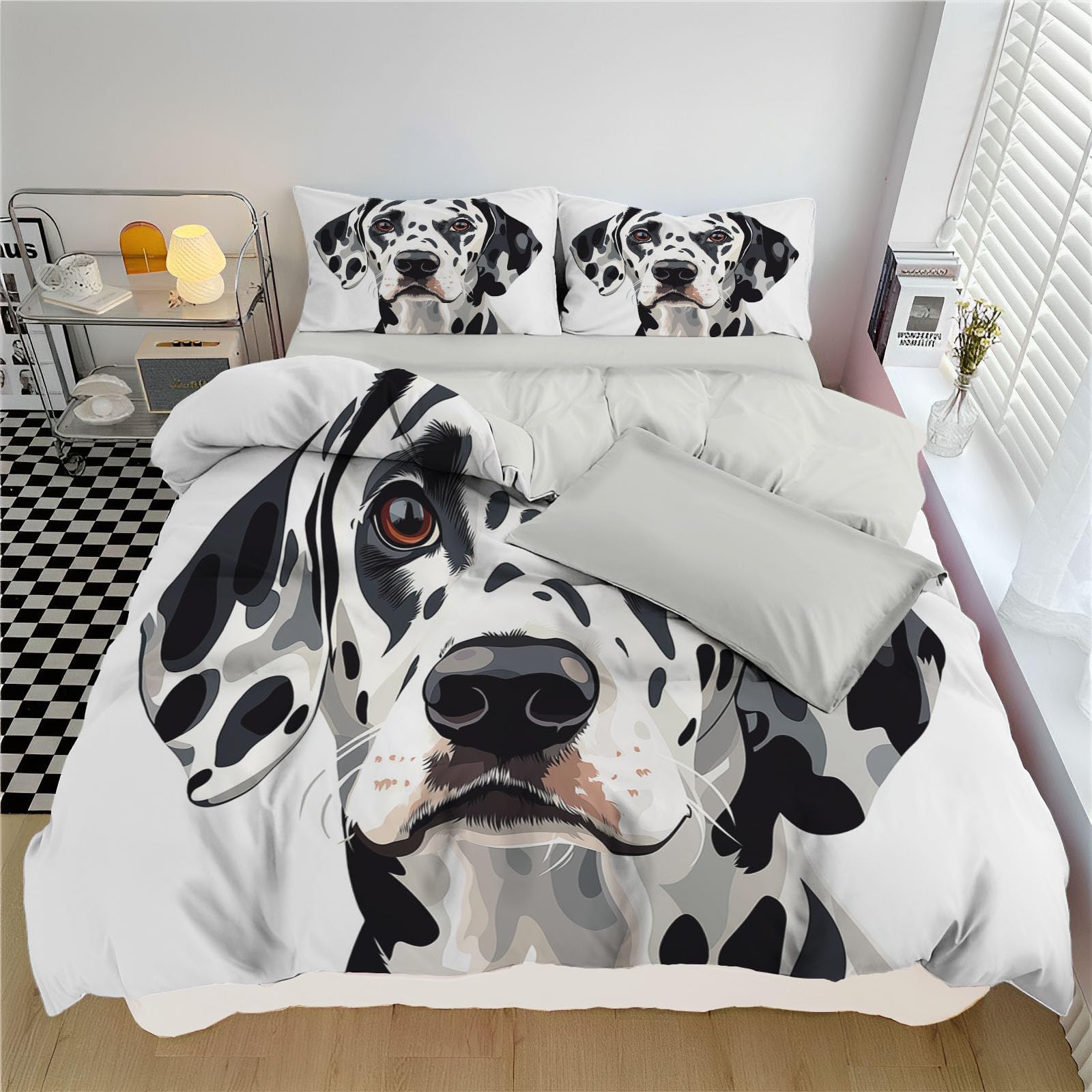 Parure de couette 200x200cm dalmatien avec 2 taies d'oreiller zippées