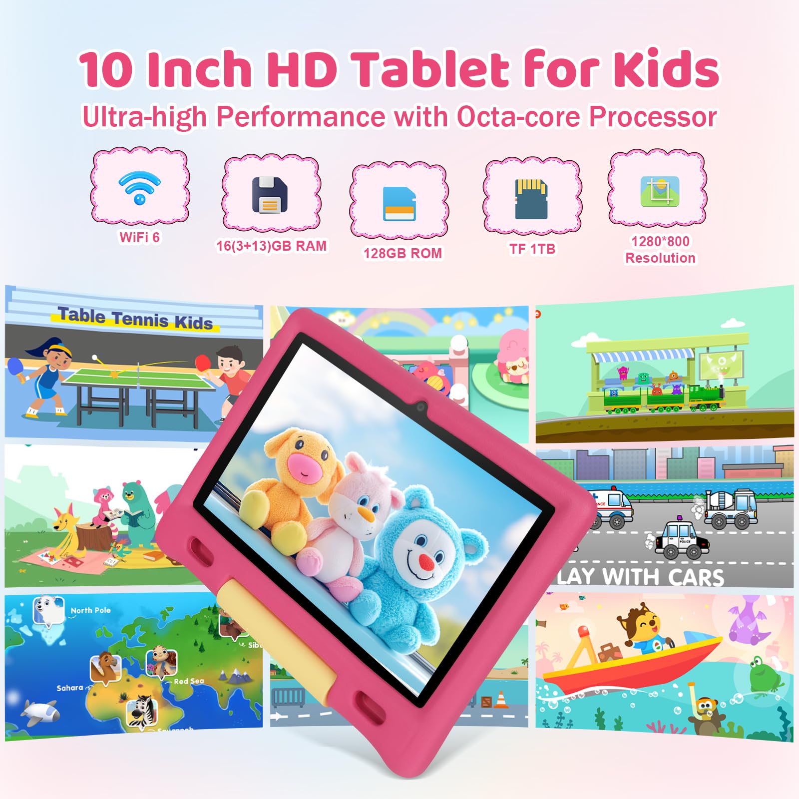 Gleeso Tablet Bambini | Android Tablet per Bambini 10 Pollici, Kids Tablet con Octa-Core | 128GB+1TB TF | Controllo Parentale | 8MP Fotocamera | WiFi 6/BT 5.3, Tablet con Custodia Protettiva - Rosa - 4