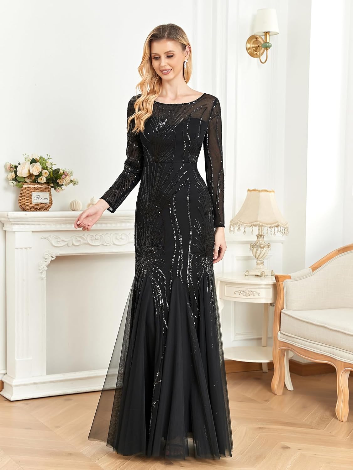 Long Sleeve Sequin Evening Dress Glitter Mermaid Long Gown for Mother of The Bride Or Wedding Guest - Image 6