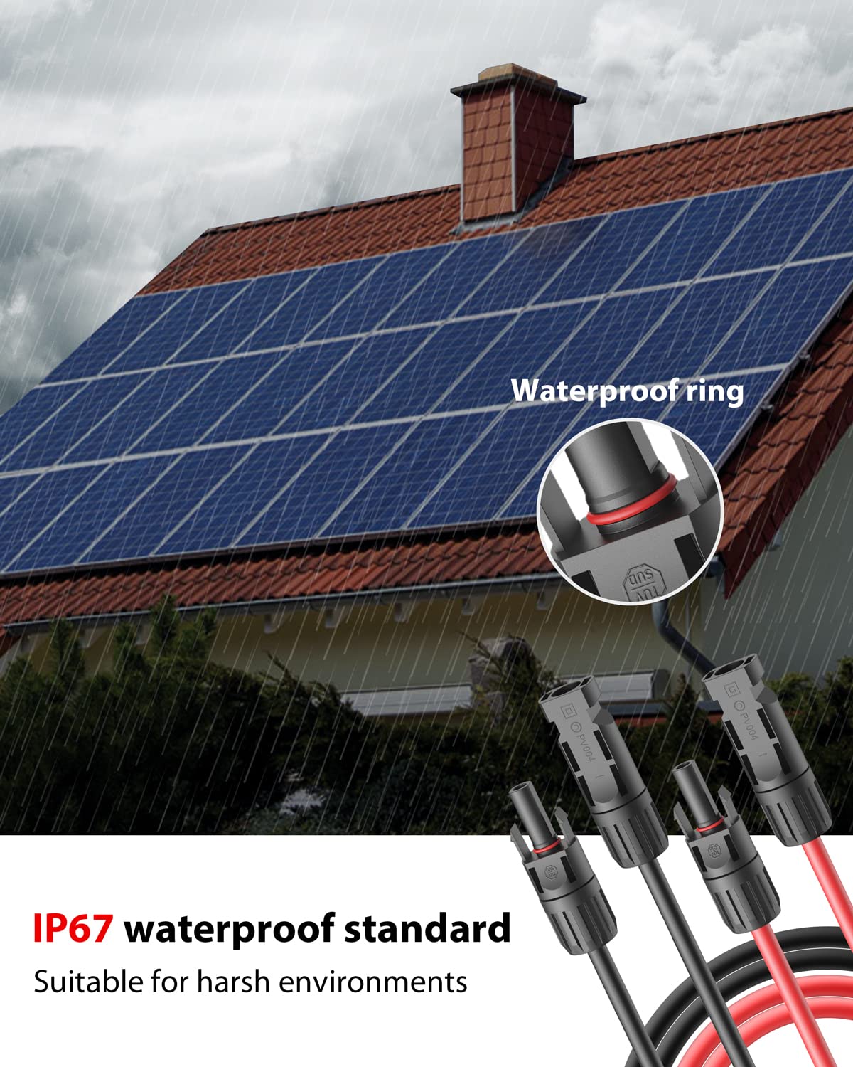 Stouchi kabel solarny, 2 m, 6 mm2, przedłużacz solarny z wtyczką, gniazdem i wtyczką, panel słoneczny, kabel pv do modułu solarnego IP67, wodoszczelna wtyczka, napięcie znamionowe 1500 V (czerwony + czarny)