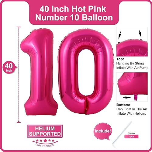 Miniatura 2 de Lovoir Globo rosa intenso de 40 pulgadas, 10 dígitos gigantes, de papel de aluminio de Mylar para helio, globos de color rosa intenso para fiesta de