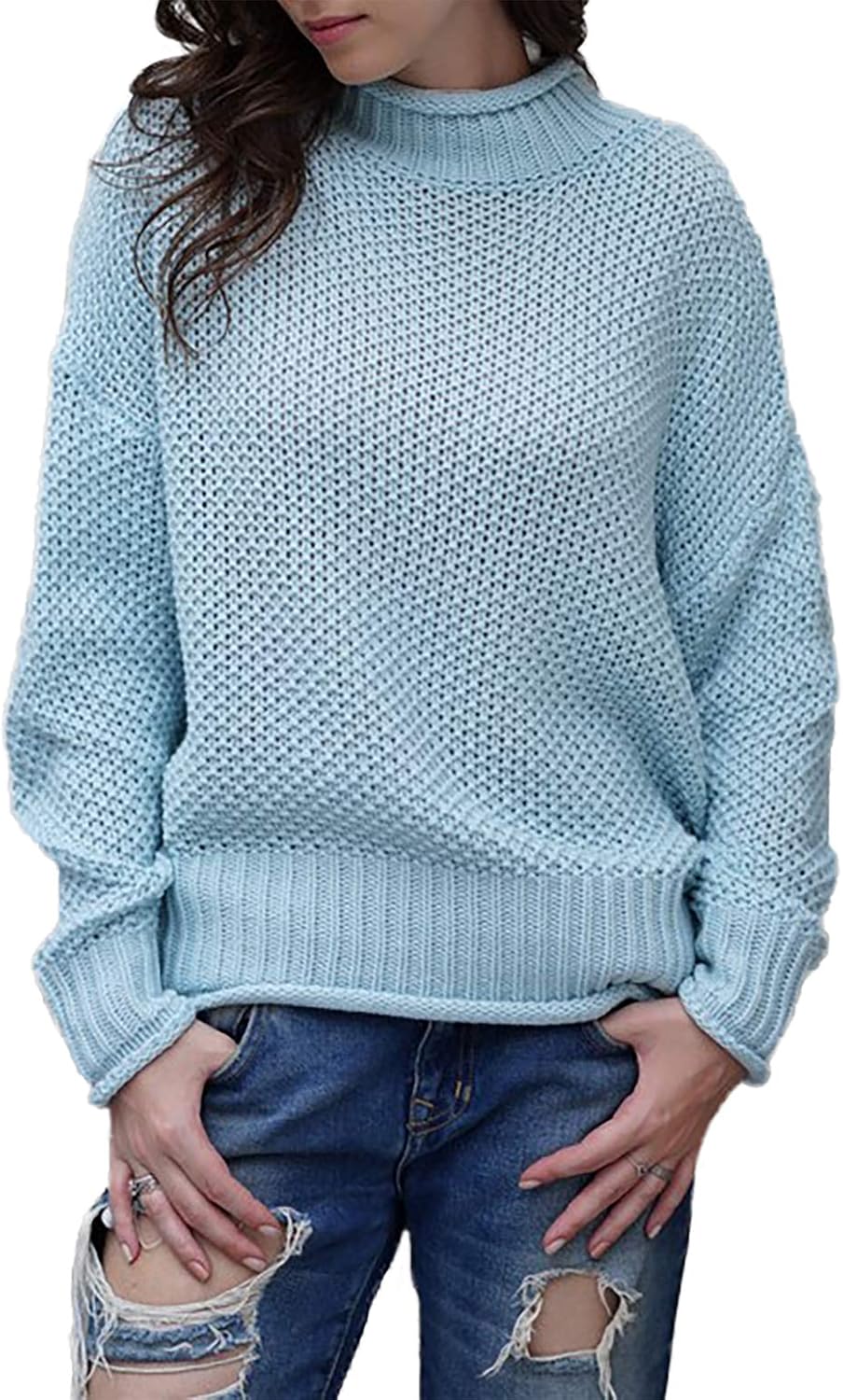 HZSONNE Women's Casual Turtleneck Batwing Sleeve Cable Knit Loose Fit