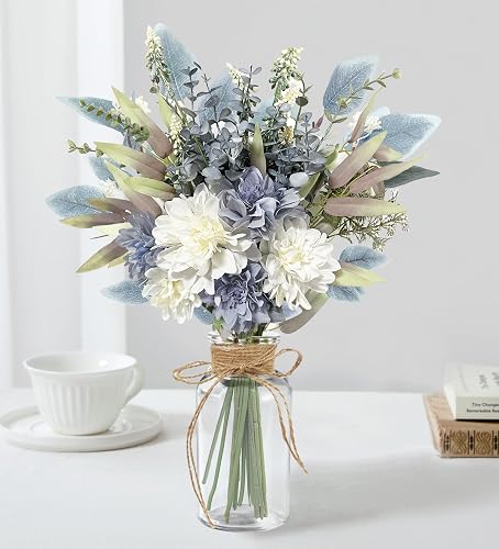 Blue Silk Artificial Flowers for Vase, Fake Flowers in Clear Vase | Blue White Dahlias Faux flowers for Vase, Silk Floral Arrangements for Home Dining Table Centerpiece LivingRoom Wedding Decor