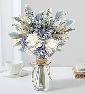 Fake Flowers in Vase, Silk Flower Blue Artificial Flowers, Glass Vase for Decor