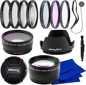 Ultimaxx 58MM Complete Lens Filter Accessory Kit with 58MM 2.2X Telephoto and .43x Wide Angle/Macro Lenses for Canon EOS Rebel 9000D 800D 760D 750D 700D 1300D 1200D T100, 4000D, 3000D, 2000D & More