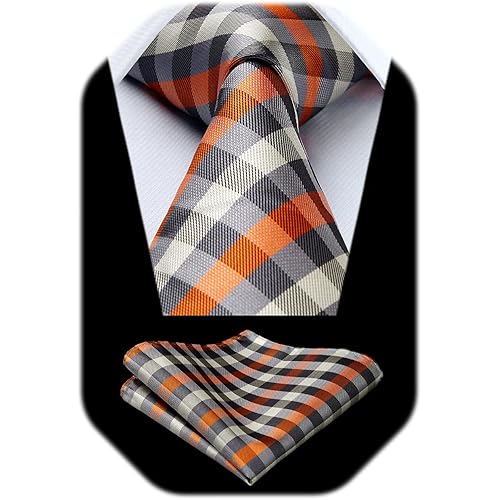 HISDERN Plaid Checkered Tie Handkerchief Woven Classic Formal Men's Necktie & Pocket Square Set
