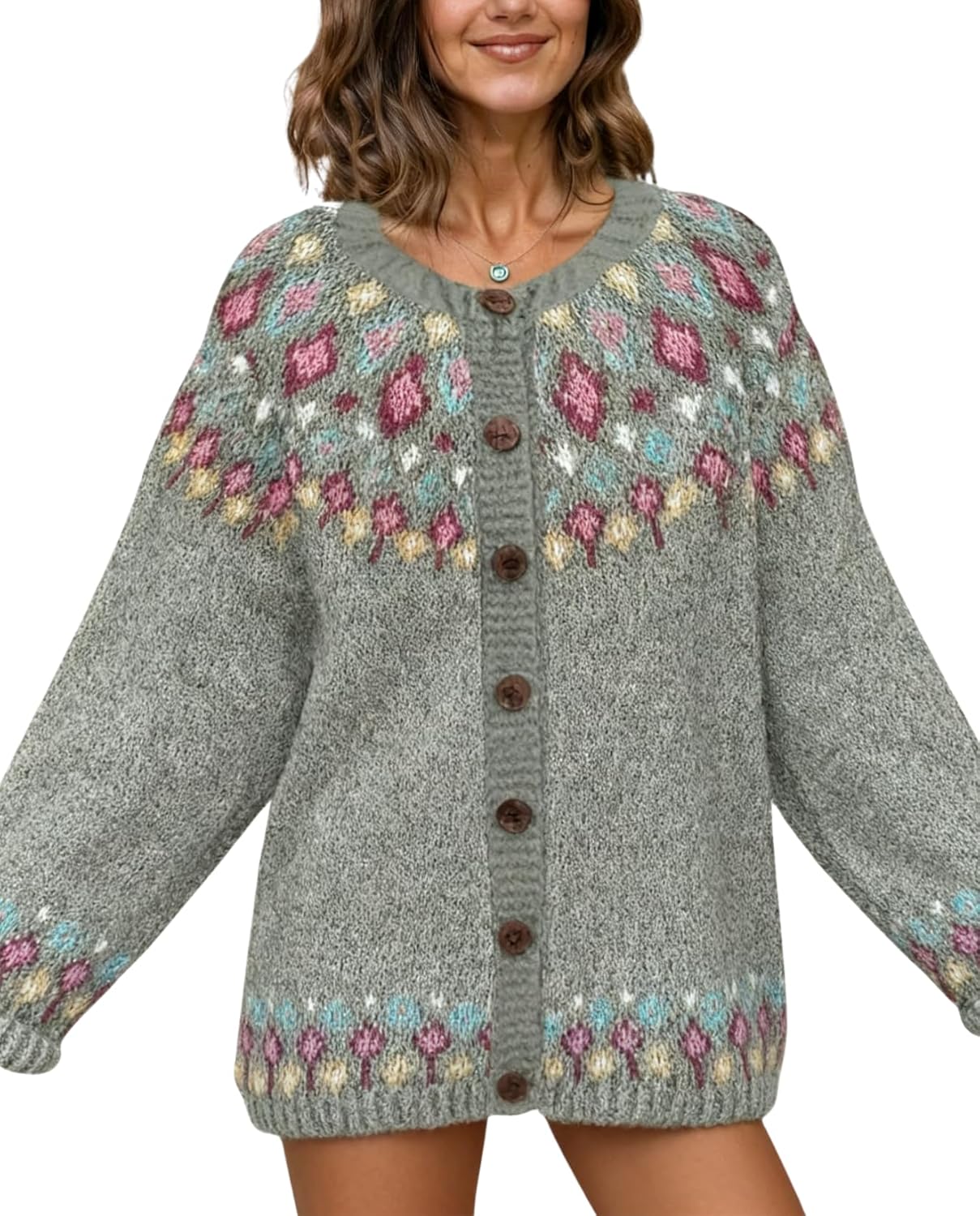 LIZALIG Cardigan for Women Fair Isle Sweater Chunky Cardigan Plus Size Cute Outfits Knit, Vintage Style for Fall Winter - Image 6