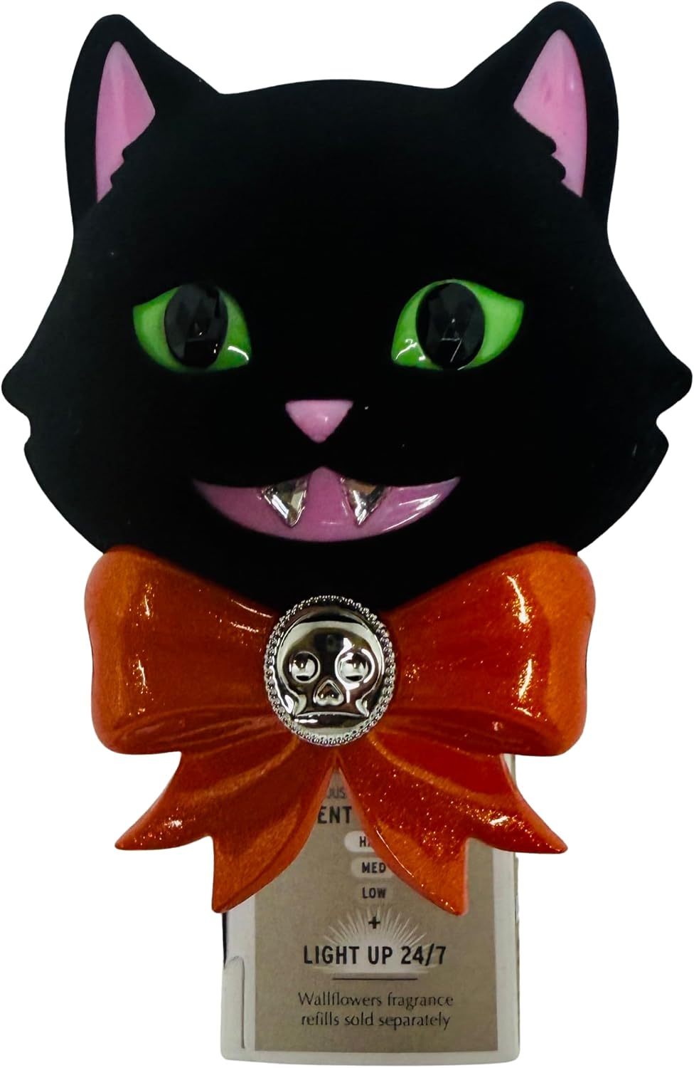 Bath and Body Black Spooky Kitty Cat with Green Eyes, an Orange Bow Adorned with a Silver Skull Adjustable Wallflowers Scent Control Fragrance Nightlight Plug