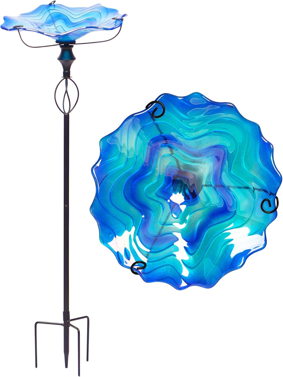 G128 32 Inch Height Glass Bird Baths with Metal Stake | Decorative Blue Outdoor Garden Bird Feeder