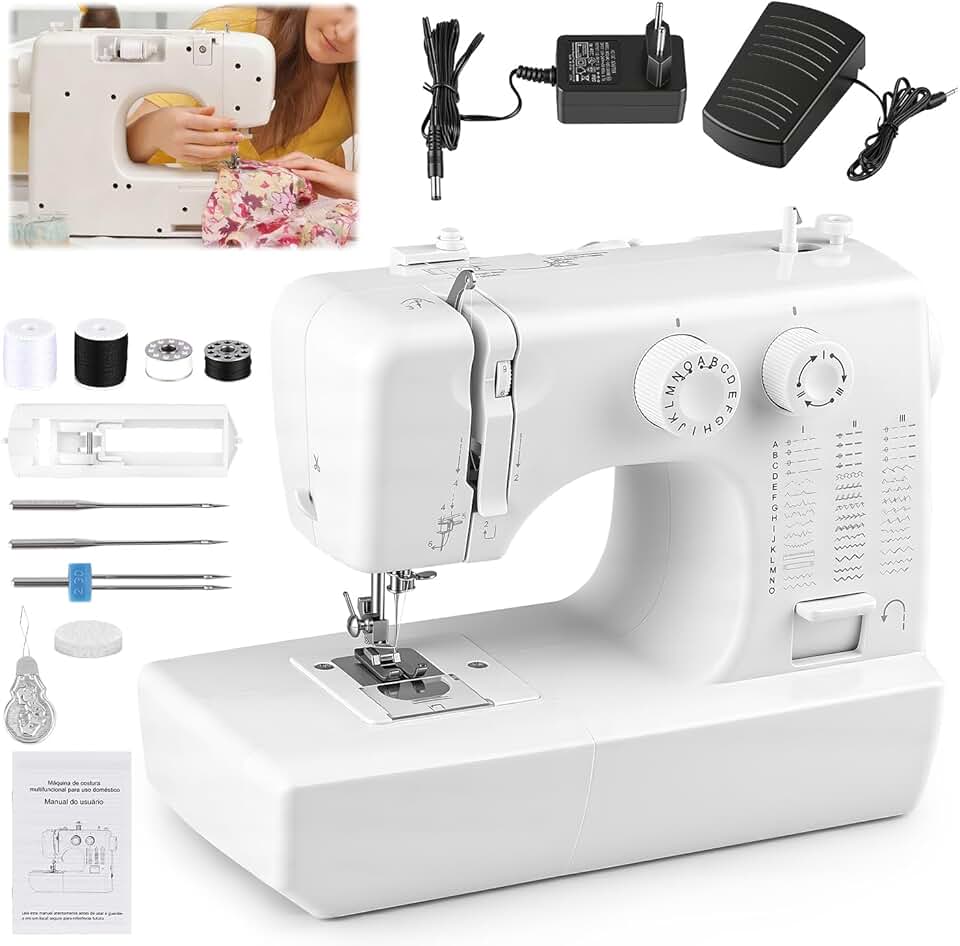 110-220 V Maquina de Costura com 45 Pontos Profissionais, Mini Máquina de Costura para Iniciantes, Máquina Costura Reta com Pedal, Máquina de Costura com Função Ponto Duplo