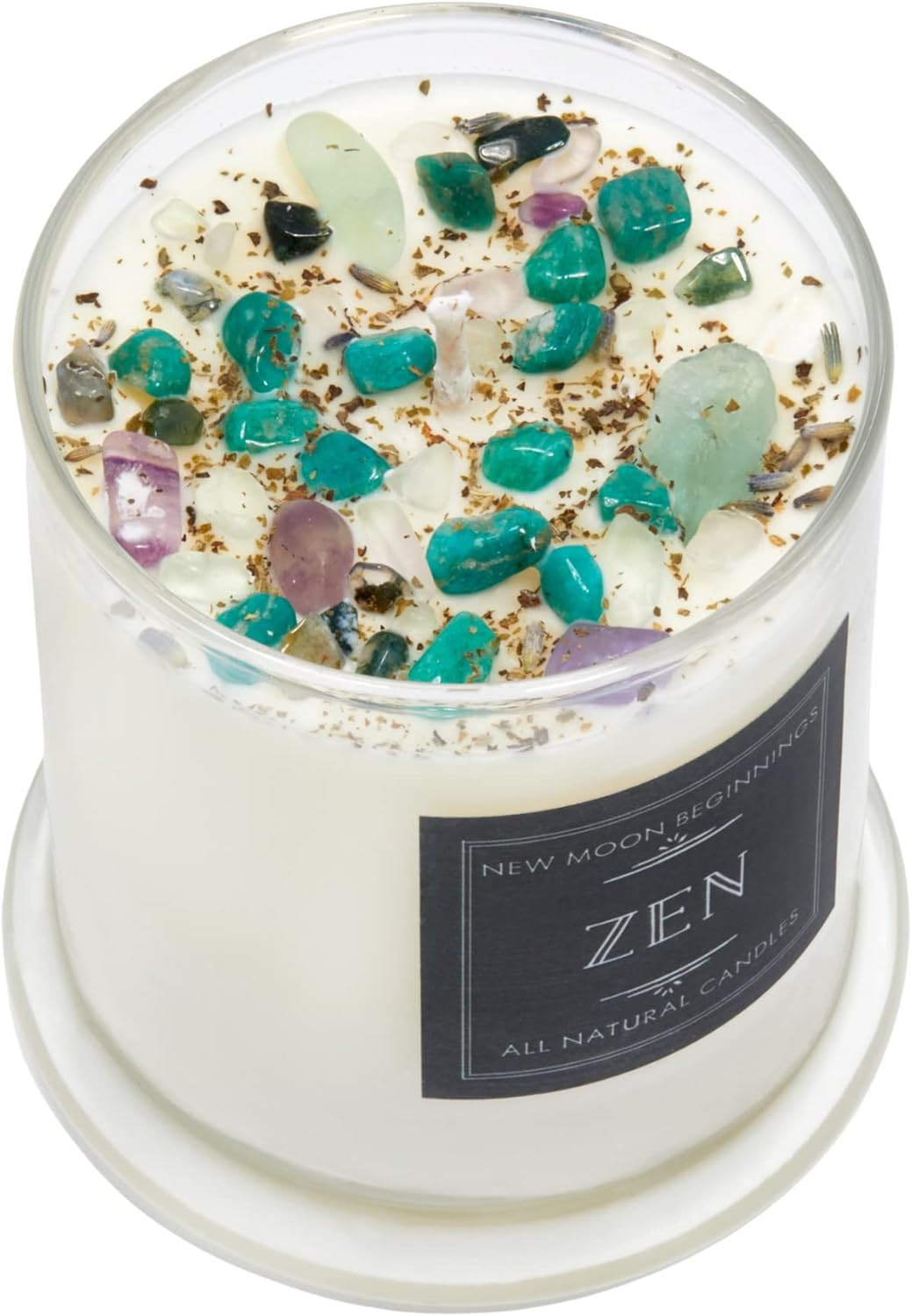 Zen Crystal Candle by NEW MOON BEGINNINGS - All Natural Aromatherapy Candle - 100% Soy Candle - Citrus, Cedarwood, Patchouli - Meditation Candle - 12 oz. Glass Jar with lid