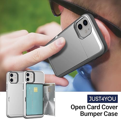 Miniatura 7 de JUST4YOU Para iPhone 12 Mini Caso Con Tarjetero Kickstand Protector Doble Capa Bumper Cover (Plata) CS_BR_OC_I12M_SR