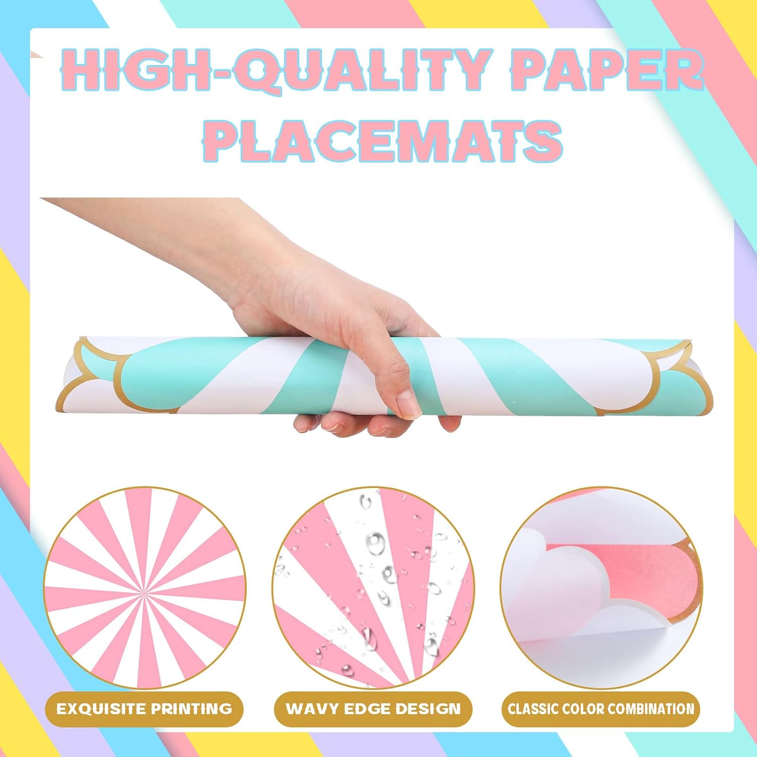 48 Pcs Pastel Disposable Paper Placemats 13 inch Spring Stripe Scalloped Table Mats for Wedding Table Setting Bridal Birthday Kitchen Party Banquet Supplies(Multi Color)