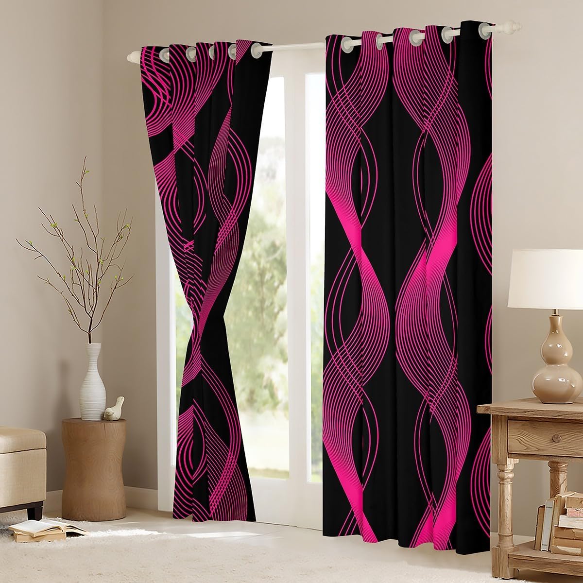 Feelyou Stripes Lines Darkening Drapes Kids Abstract Art Curtains Boys Girls Room Decor Ombre Hot Pink Black Blackout Curtains Stripes Geometric Window Treatments (2 Panels, 52 x 63 Inch)