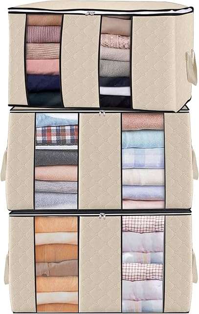3PCS Large Capacity Clothes Storage Bag with Compartment, Storage Box Clothes with Reinforced Handle and Sturdy Zip for Comforters, Blankets, Breathable Bags