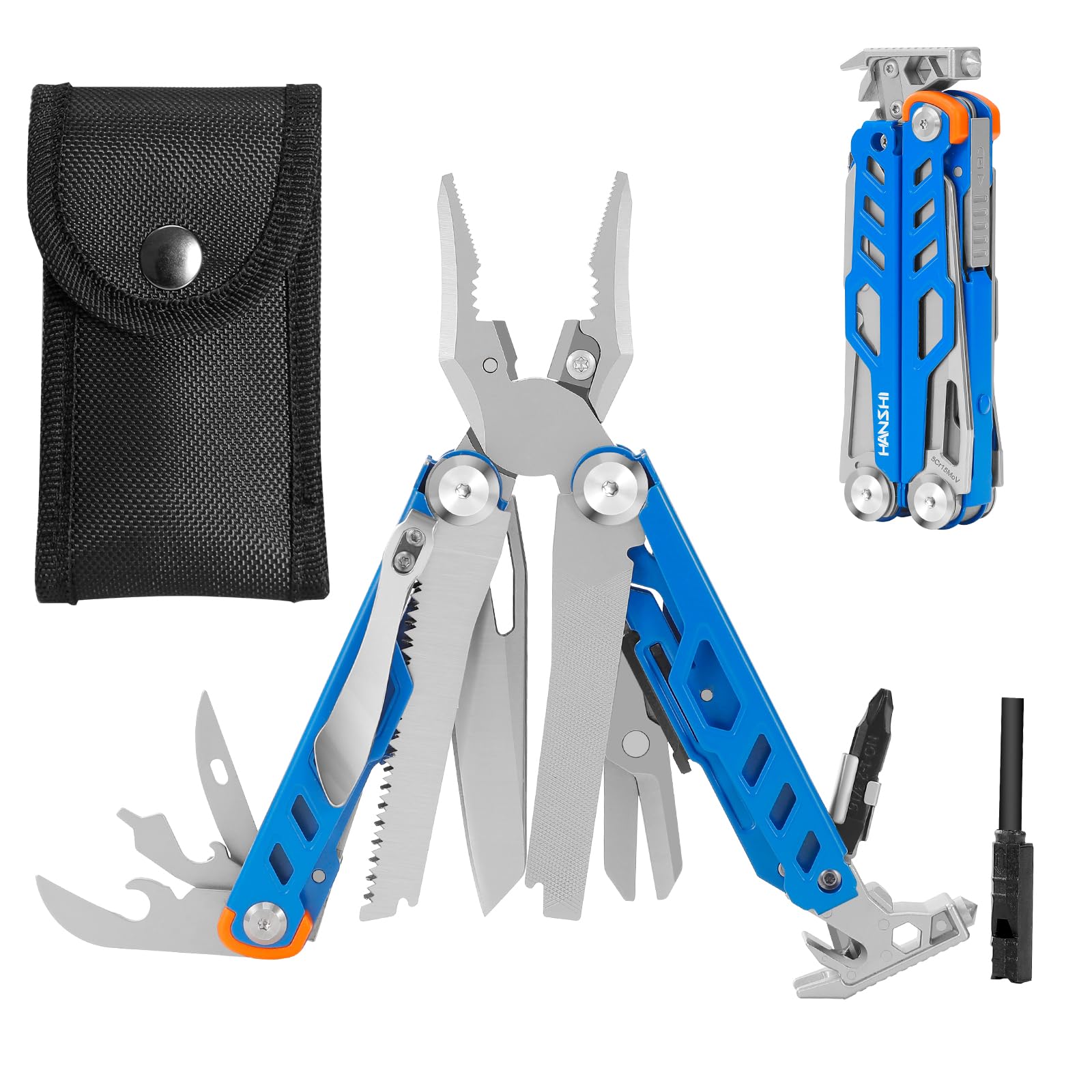 HANSHI Multitool Pliers, 22-in-1 YG10 Tungsten Steel Multi Tool with Scissors,Replaceable Wire Cutters, Flint, Window Breaker, Back Clip,Ideal for Camping, Survival and Gift(Blue)