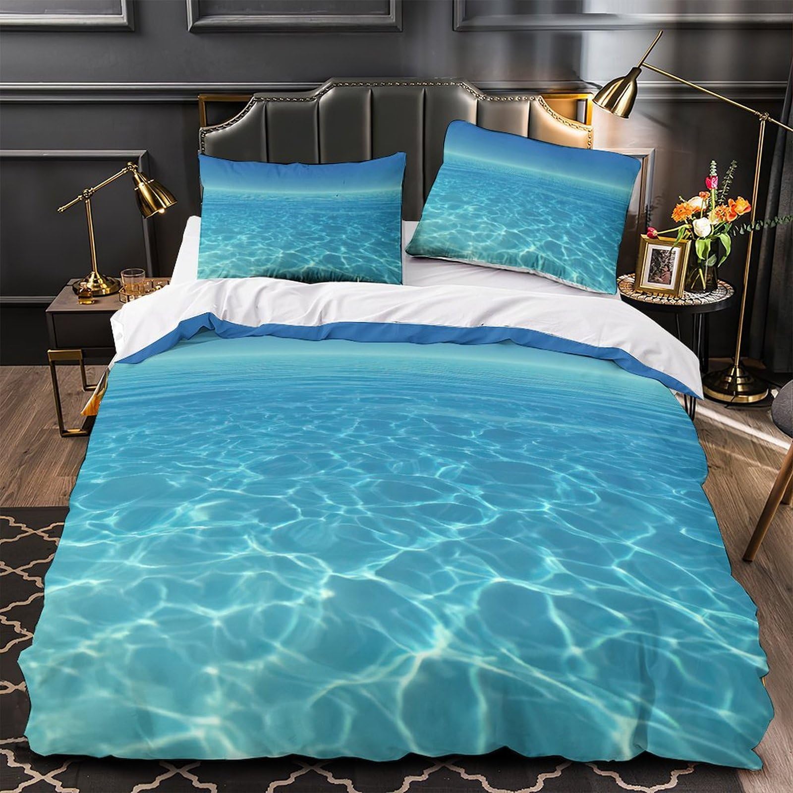 Parure de lit vagues océaniques en microfbre 3D double 200x200 cm avec housse de couette