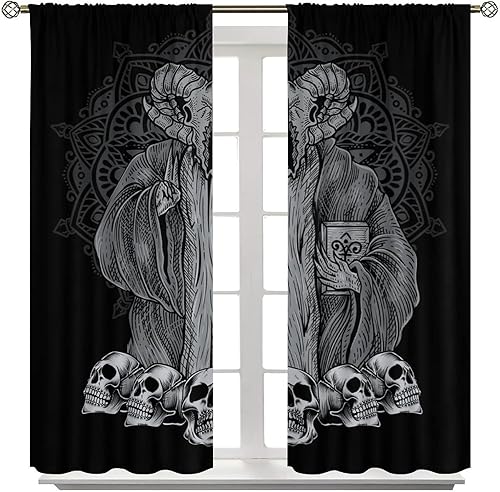 Vista 104 de Cortinas de cabeza de cabra, misteriosa cabeza de cabra malvada, calavera negra, bolsillo para barra, cortinas opacas para ventana, juego de 2