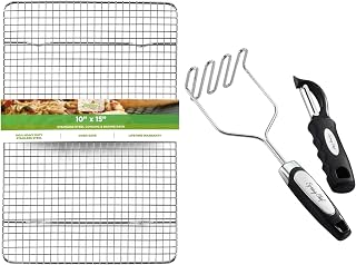 Spring Chef Stainless Steel 10"x15" Cooling Rack & Potato Masher and Swivel Peeler Set, Black - 2 Product Bundle