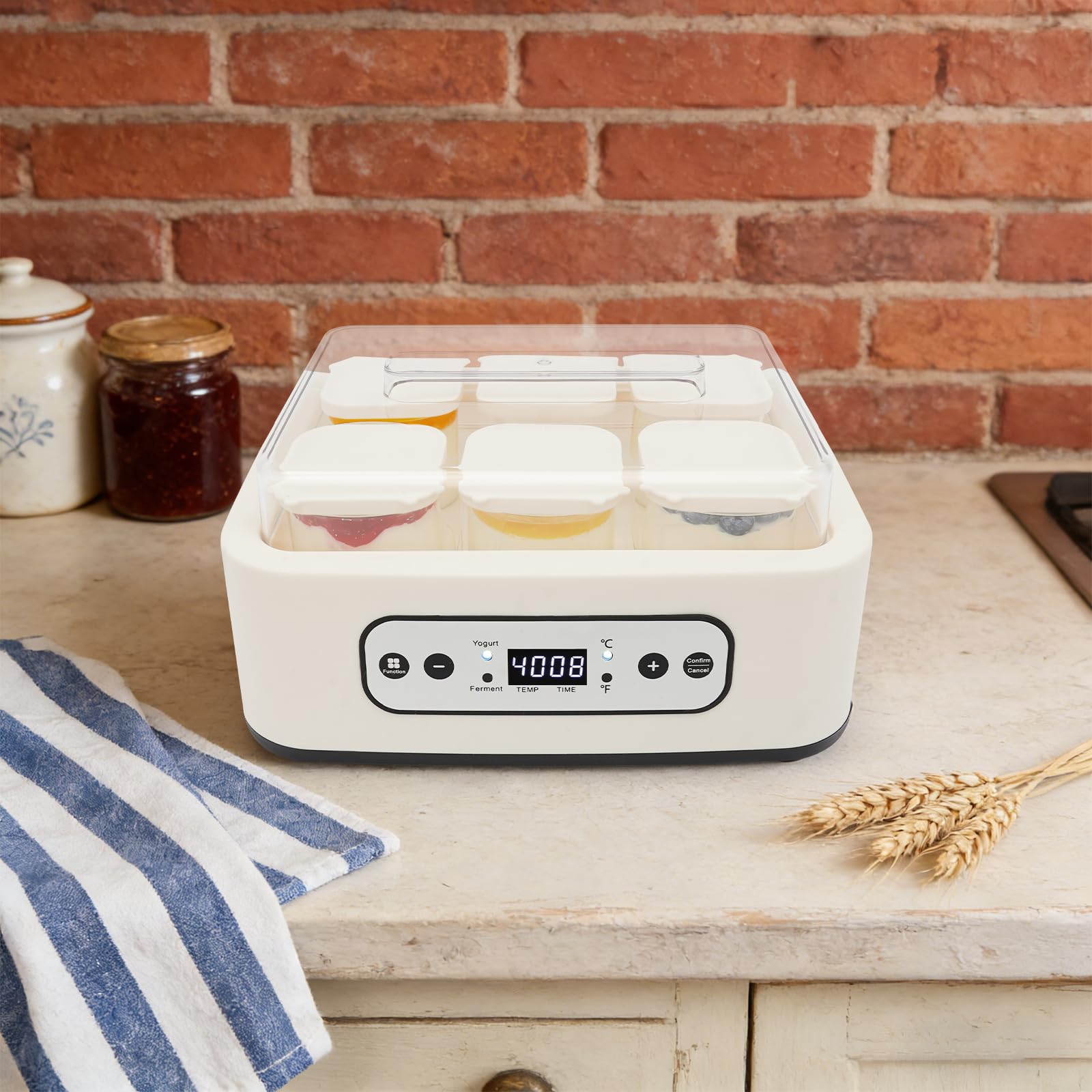Yogurtera automática de 25 W con tapa, incluye 6 recipientes de cristal de 250 ml para hasta 1,5 l de yogur, yogurt con temperatura 21 – 48 °C